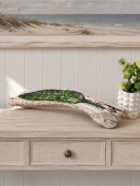 SET Handpainted Driftwood Feather Accent with white vase and Greenery